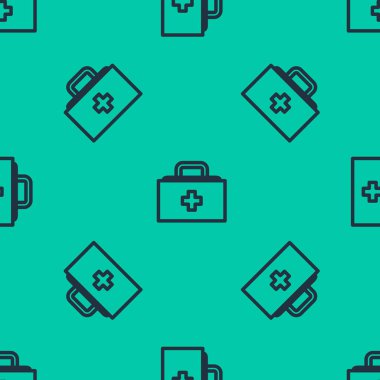Mavi çizgi ilk yardım seti simgesi yeşil arkaplanda pürüzsüz desen izole etti. Haçlı sağlık kutusu. Acil durumlar için tıbbi ekipman. Sağlık sigortası konsepti. Vektör İllüstrasyonu.