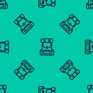 Mavi çizgi Yürüyüş sırt çantası simgesi yeşil arka planda izole edilmiş pürüzsüz desen. Kamp ve dağ gezisi sırt çantası. Vektör İllüstrasyonu.