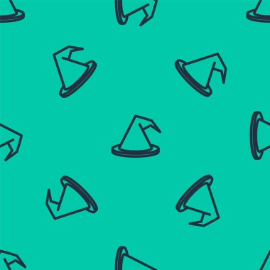 Mavi çizgi cadı şapkası ikonu yeşil arka planda kusursuz desen izole etti. Mutlu Cadılar Bayramı Partisi. Vektör İllüstrasyonu.