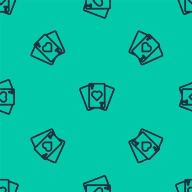 Mavi çizgi Kart simgesi oynatılıyor. Yeşil arkaplanda kusursuz desen izole edildi. Kumarhane kumarı. Vektör İllüstrasyonu.