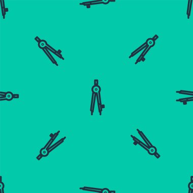 Mavi çizgi çizen pusula simgesi yeşil arkaplanda izole edilmiş pürüzsüz desen. Pusula işareti. Çizim ve eğitim araçları. Geometrik alet. Vektör İllüstrasyonu.