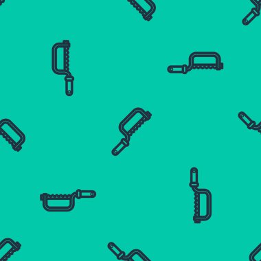 Mavi Hacksaw simgesi yeşil arka planda kusursuz desen izole etti. Tahta ve metal testeresi. Vektör İllüstrasyonu.