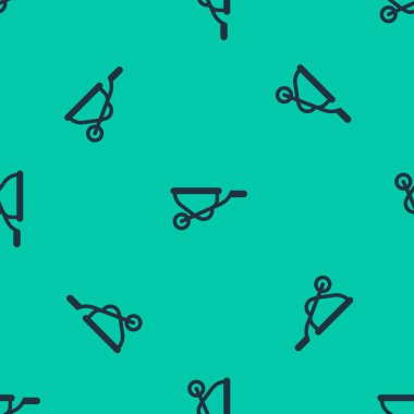 Mavi çizgi Wheelbarrow simgesi yeşil arka planda izole edilmiş kusursuz desen. Alet edevat. Tarım arabası tekerlek çiftliği. Vektör İllüstrasyonu.