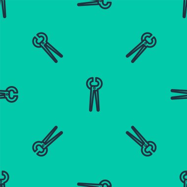 Mavi çizgi kıskacı ve kerpeten simgesi yeşil arka planda izole edilmiş kusursuz desen. Kıskaçlar endüstri mekanik tesisat aletini çalıştırır. Vektör İllüstrasyonu.