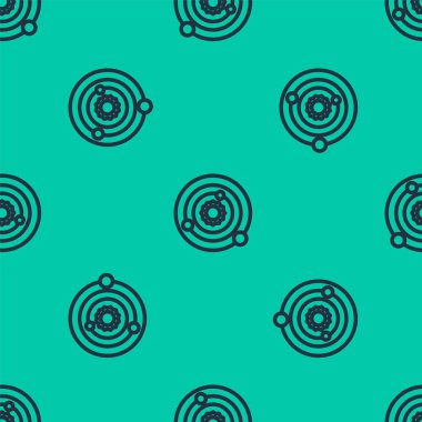 Mavi çizgi güneş sistemi simgesi yeşil arkaplanda izole edilmiş pürüzsüz desen. Gezegenler yıldızın etrafında dönerler. Vektör İllüstrasyonu.