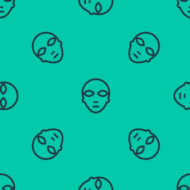 Mavi çizgi uzaylı simgesi yeşil arkaplandaki kusursuz deseni izole etti. Uzaylı yüzü ya da kafa sembolü. Vektör İllüstrasyonu.