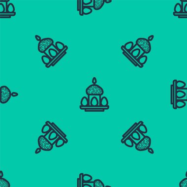 Mavi çizgili Paskalya pastası ve yumurta ikonu yeşil arka planda izole edilmiş kusursuz desen. Mutlu Paskalyalar. Vektör İllüstrasyonu.