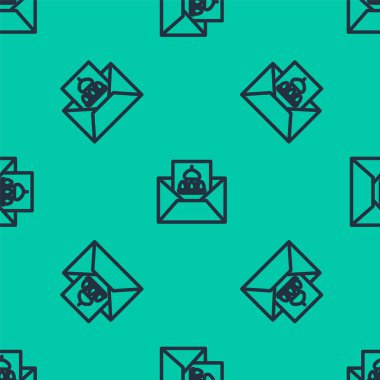 Mutlu Paskalya ikonlu mavi çizgi tebrik kartı yeşil arka planda izole edilmiş kusursuz desen. Kutlama için davetiye ya da tebrik kartı şablonu. Vektör İllüstrasyonu.