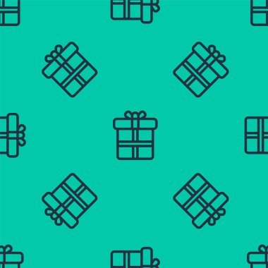 Mavi çizgi hediye kutusu simgesi yeşil arkaplanda kusursuz desen izole etti. Vektör İllüstrasyonu.
