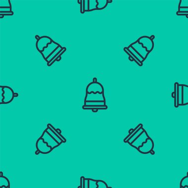 Mavi çizgi zil simgesi yeşil arka planda izole edilmiş kusursuz desen. Alarm sembolü, servis zili, el zili işareti, uyarı sembolü. Vektör İllüstrasyonu.