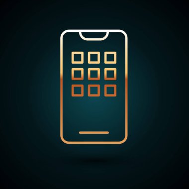 Altın çizgili akıllı telefon, cep telefonu simgesi koyu mavi arka planda izole edilmiş. Vektör İllüstrasyonu.