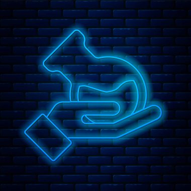 Parlayan neon hattı test tüpü ve el ikonundaki şişe tuğla duvar arka planında izole edilmiş. Kimyasal laboratuvar testi. Laboratuvar camları. Vektör.