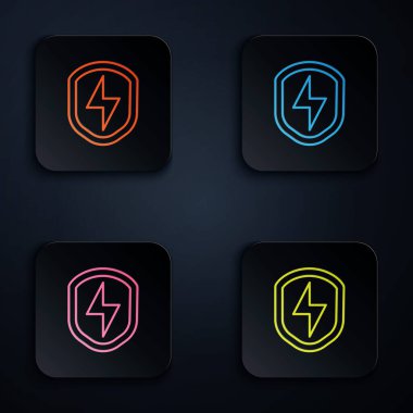 Renkli neon hattı siyah arka planda izole edilmiş yıldırım simgesi olan güvenli kalkan. Güvenlik, güvenlik, koruma, gizlilik kavramı. Kare düğmelere simgeleri yerleştir. Vektör.