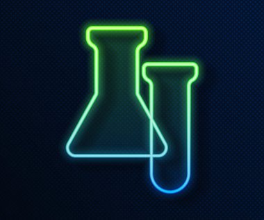 Parlayan neon hattı test tüpü ve mavi arka planda izole edilmiş matara simgesi. Kimyasal laboratuvar testi. Laboratuvar camları. Vektör.