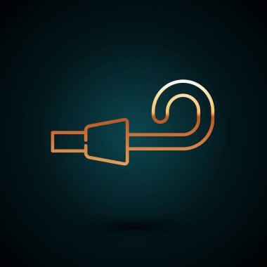 Altın çizgili doğum günü kornosu ikonu koyu mavi arka planda izole edilmiş. Vektör.