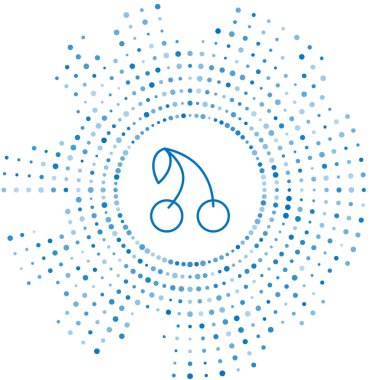 Mavi çizgi kiraz simgesi beyaz arkaplanda izole edildi. Yaprak sembollü meyve. Soyut çember rastgele noktalar. Vektör.