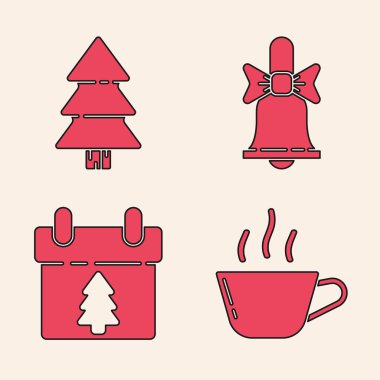 Kahve fincanı, Noel ağacı, mutlu Noel çanı ve takvim ikonu. Vektör.