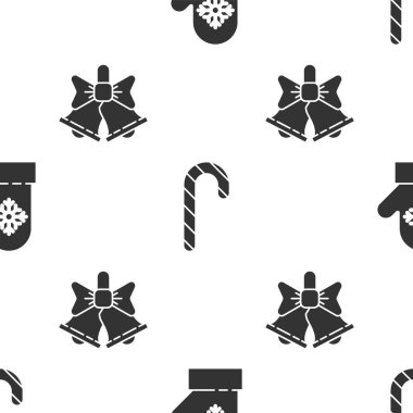 Noel eldiveni, çizgili Noel şekeri bastonu ve kusursuz desenli Mutlu Noeller çanı. Vektör.