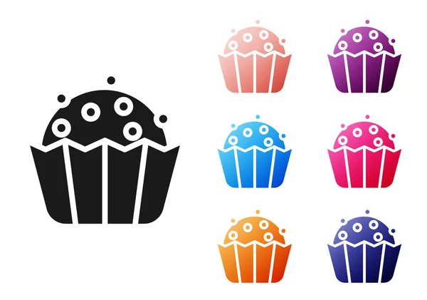 Icono Cupcake Negro Aislado Sobre Fondo Blanco Establecer Iconos Colores — Vector de stock