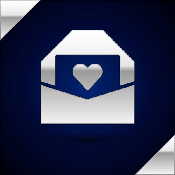 银质信封 有情人节心形图案 深蓝色背景孤立 爱的信息信上的爱情和浪漫B — 图库矢量图片