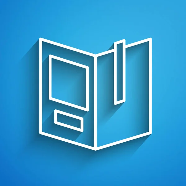 Línea Blanca Icono Libro Abierto Aislado Sobre Fondo Azul Larga — Vector de stock