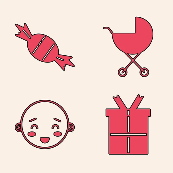 Set Geschenkbox Süßigkeiten Kinderwagen Und Happy Little Boy Head Icon — Stockvektor