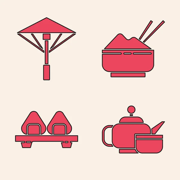 设置日式茶道 日式雨伞遮阳 饭碗里用筷子和寿司在切板图标上 — 图库矢量图片