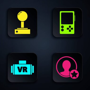 Premium oluşturma hesap ekranı, atari makinesi, sanal gerçeklik gözlükleri ve taşınabilir oyun konsolu için Joystick 'i ayarlayın. Siyah kare düğme. Vektör.