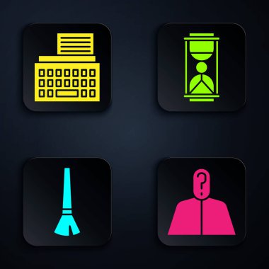 Anonymous 'u soru işaretiyle, Retro daktiloyla, boya fırçasıyla ve kum tanecikli eski kum saatiyle ayarla. Siyah kare düğme. Vektör.