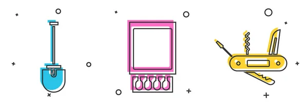 Kürek, kibrit kutusu, kibrit ve İsviçre çakısı ikonu. Vektör.