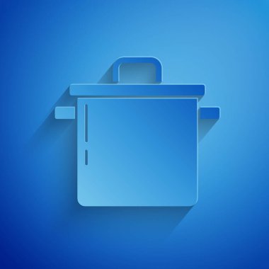 Kağıt kesiği, mavi arkaplanda izole edilmiş tencere ikonu. Haşlama ya da güveç besin sembolü. Kağıt sanatı tarzı. Vektör.