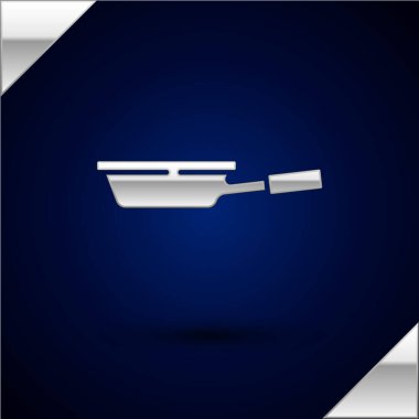 Gümüş kızartma tavası simgesi koyu mavi arkaplanda izole edilmiş. Kızartma veya kızartma gıda sembolü. Vektör.