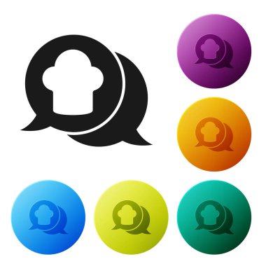 Siyah Aşçı şapkası beyaz arka planda izole edilmiş konuşma balonu ikonu. Aşçılık sembolü. Aşçı şapkası. Simgeleri renk daire düğmelerine ayarla. Vektör.