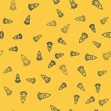 Mavi çizgi roket ikonu sarı arka planda izole edilmiş pürüzsüz desen. Uzay yolculuğu. Vektör İllüstrasyonu.