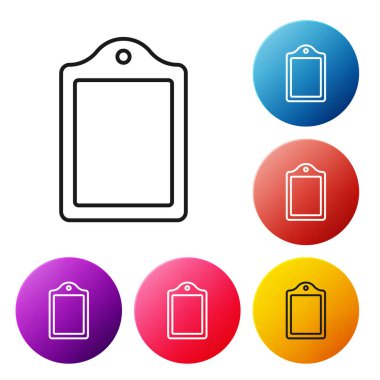 Siyah çizgi kesme tahtası simgesi beyaz arkaplanda izole edildi. Kesme tahtası sembolü. Renkli daire düğmelerini ayarlayın. Vektör.