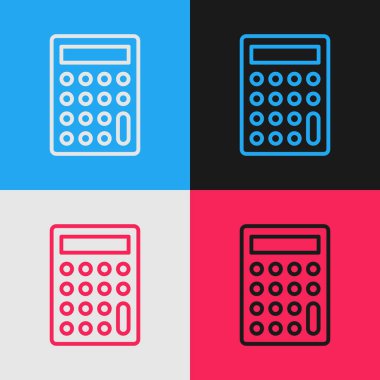 Pop sanat çizgisi hesap makinesi simgesi renk arkaplanında izole edildi. Muhasebe sembolü. İş hesaplamaları matematik eğitimi ve finans. Vektör.