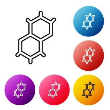 Siyah çizgi kimyasal formül simgesi beyaz arkaplanda izole edildi. Yenilikçi tıp, sağlık, araştırma ve bilim için soyut altıgen. Renkli daire düğmelerini ayarlayın. Vektör.