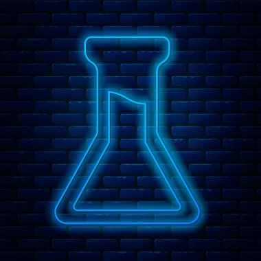 Parlayan neon hattı test tüpü ve tuğla duvar arka planında izole edilmiş matara simgesi. Kimyasal laboratuvar testi. Laboratuvar camları. Vektör.