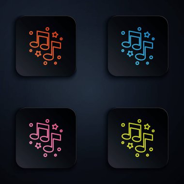Renkli neon çizgisi Müzik notası, ton simgesi siyah arkaplanda izole. Kare düğmelere simgeleri yerleştir. Vektör.