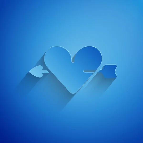 Paper Cut Amour Symbol Heart Arrow Icon Isolated Blue Background — Stock Vector