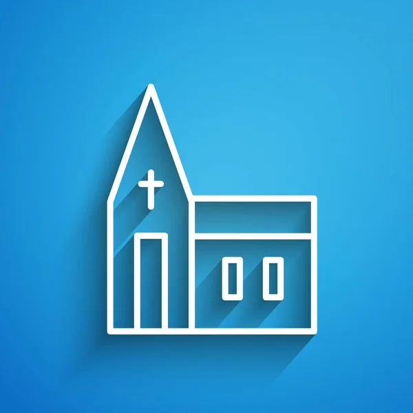 Ligne Blanche Icône Bâtiment Église Isolé Sur Fond Bleu Église — Image vectorielle