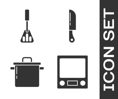 Elektronik terazileri, Spatula 'yı, tencereyi ve bıçak ikonunu ayarla. Vektör.