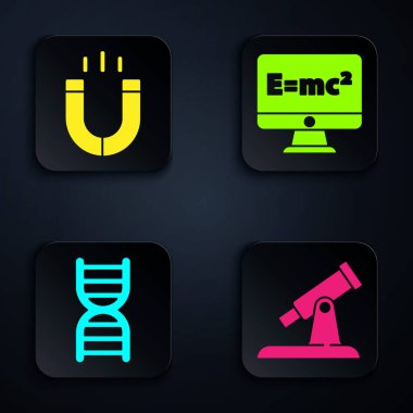 Teleskop, mıknatıs, DNA sembolü ve eşitlik çözümünü ayarla. Siyah kare düğme. Vektör.