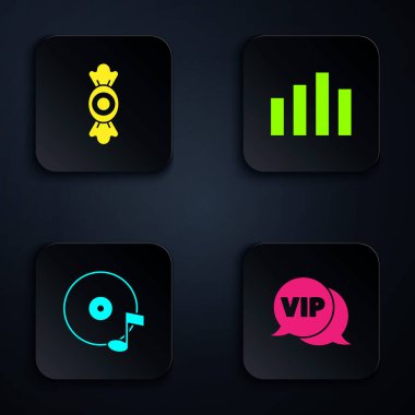 Vip 'i konuşma balonunda, Candy' de, Vinil diskinde ve müzik eşitleyicisinde ayarla. Siyah kare düğme. Vektör.