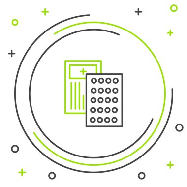 Kabarcık torbası ikonundaki çizgi hapları beyaz arka planda izole edilmiş. İlaç paketi. Tablet, vitamin, antibiyotik, aspirin. Renkli taslak konsepti. Vektör.