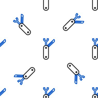 İsviçre ordu bıçak ikonu beyaz arka planda kusursuz desen izole etti. Çoklu alet, çok amaçlı çakı. Çok fonksiyonlu bir alet. Renkli taslak konsepti. Vektör.