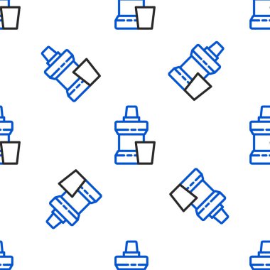 Ağız gargarası plastik şişe ve cam ikon beyaz arka planda izole edilmiş pürüzsüz desen. Ağzını çalkalamak için sıvı. Ağız bakım ekipmanları. Renkli taslak konsepti. Vektör.