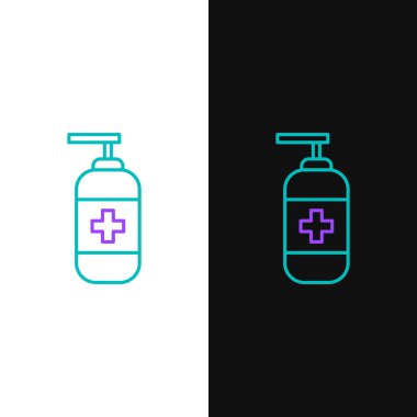 Beyaz ve siyah arkaplanda izole edilmiş sıvı antibakteriyel sabun. Antiseptik. Dezenfeksiyon, hijyen, cilt bakımı. Renkli taslak konsepti. Vektör.