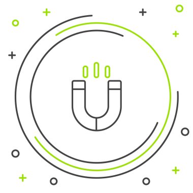 Beyaz arkaplanda çizgi mıknatısı simgesi izole edildi. At nalı mıknatısı, manyetizma, manyetizma, çekim. Renkli taslak konsepti. Vektör.