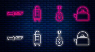 Bavul, Gitar, Kamp Bıçağı ve Kabzalı Kettle. Tuğla duvarda parlayan neon simgesi. Vektör.